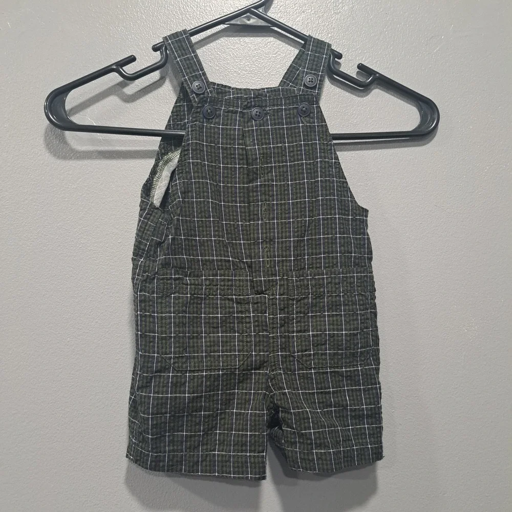 VTG Baby Cotton‎ Seersucker Plaid Overalls Green Navy 3-6 Months Shortalls
